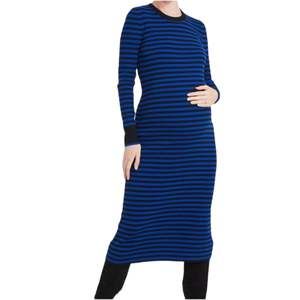 HATCH Striped Knit Dress Merino Blue with Black Sweater Midi Sheath Crew Neck 0